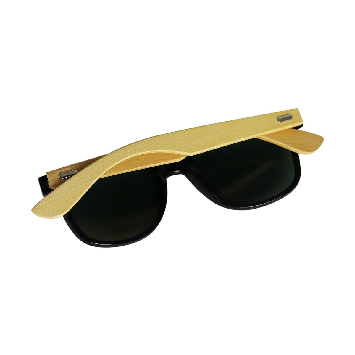 Sunglasses with black lenses and a bamboo-coated frame, featuring a logo on one side.