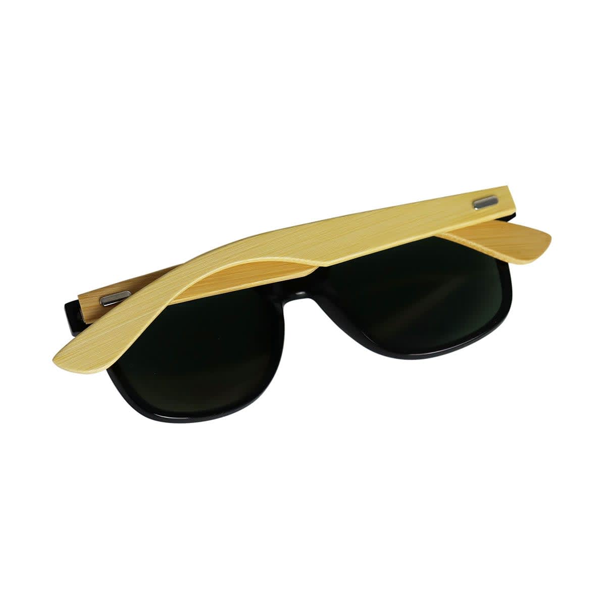 Sunglasses with black lenses and bamboo arms, featuring a simple design and a logo on the frame.