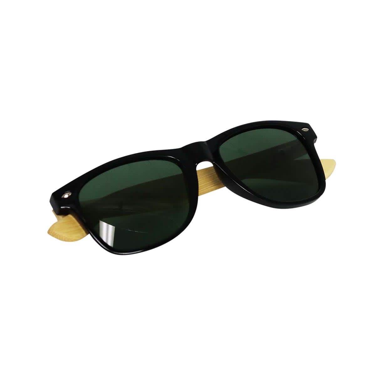 Sunglasses with black frames and green lenses, featuring bamboo accents. Includes a logo on the frame.