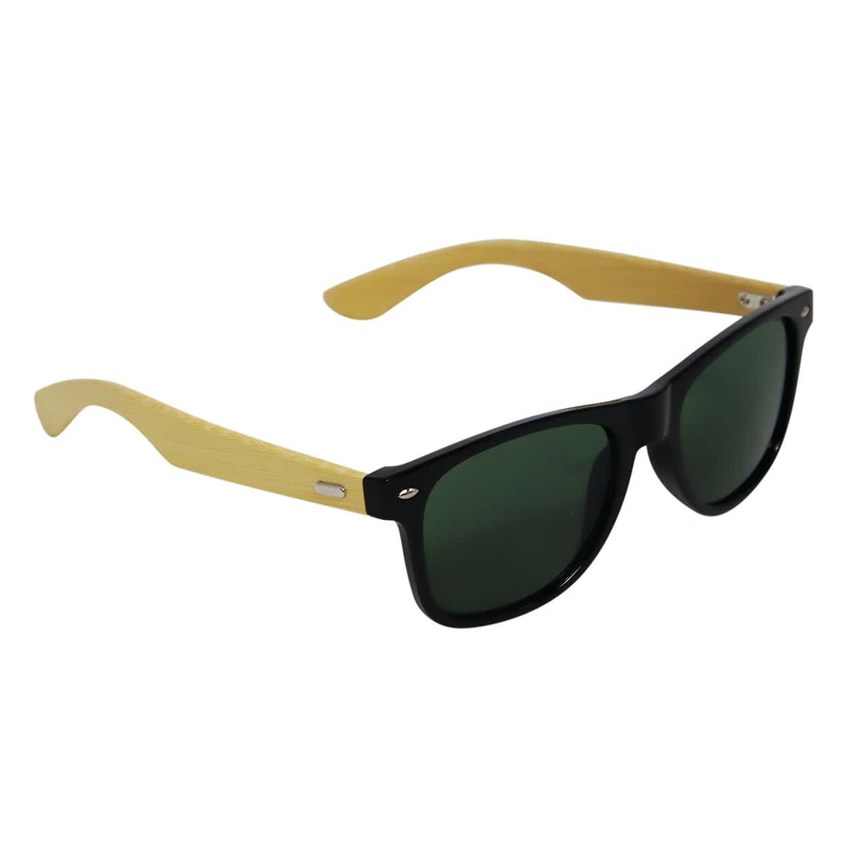 Sunglasses with black frames and bamboo arms, featuring green tinted lenses. Includes a logo on the temple.