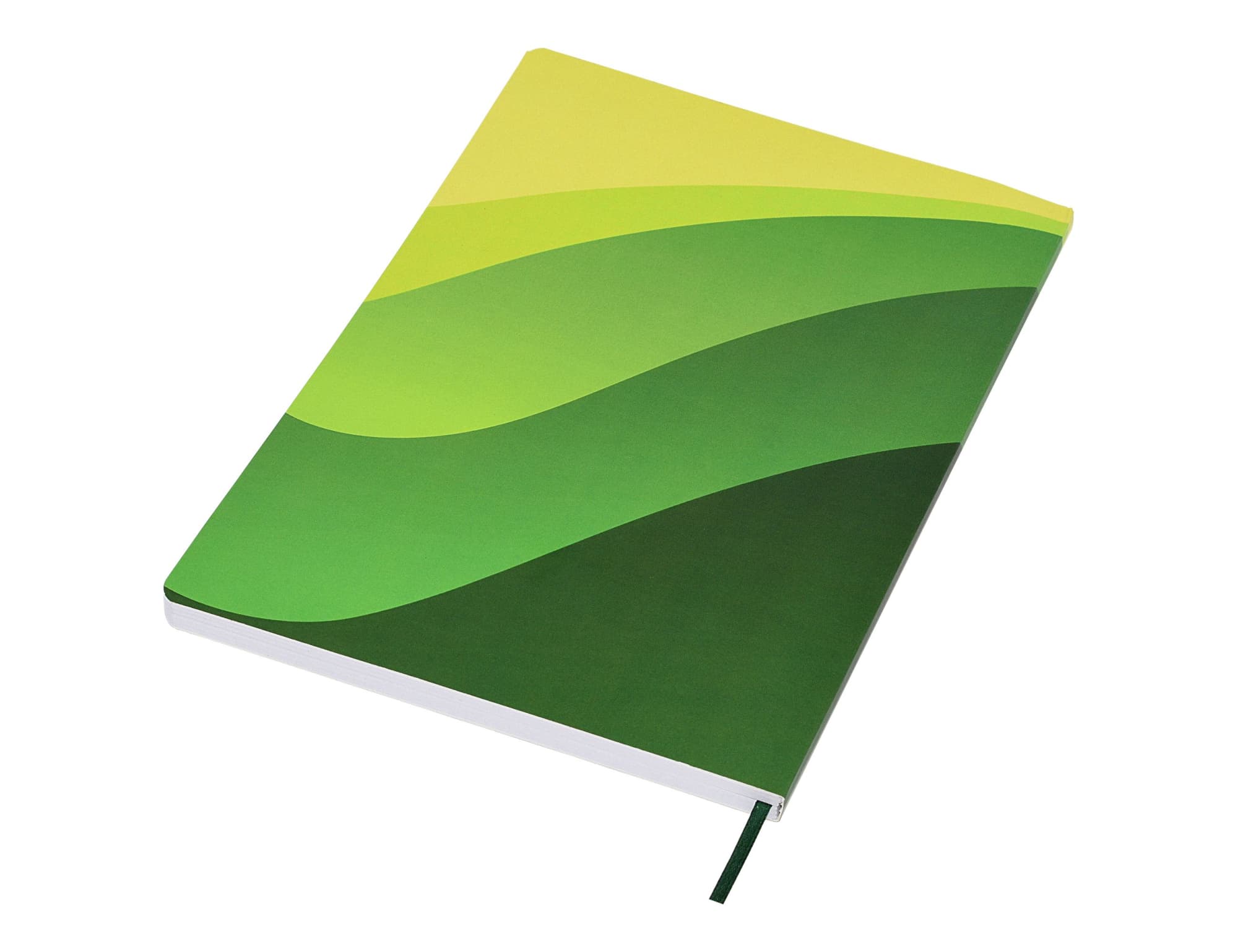 A green and yellow patterned A5 notebook with a soft cover and an attached ribbon bookmark, featuring a logo.