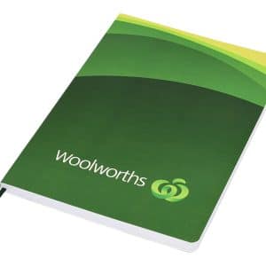 A green A5 portfolio with a curved design and a logo on the front. It features a ribbon bookmark.