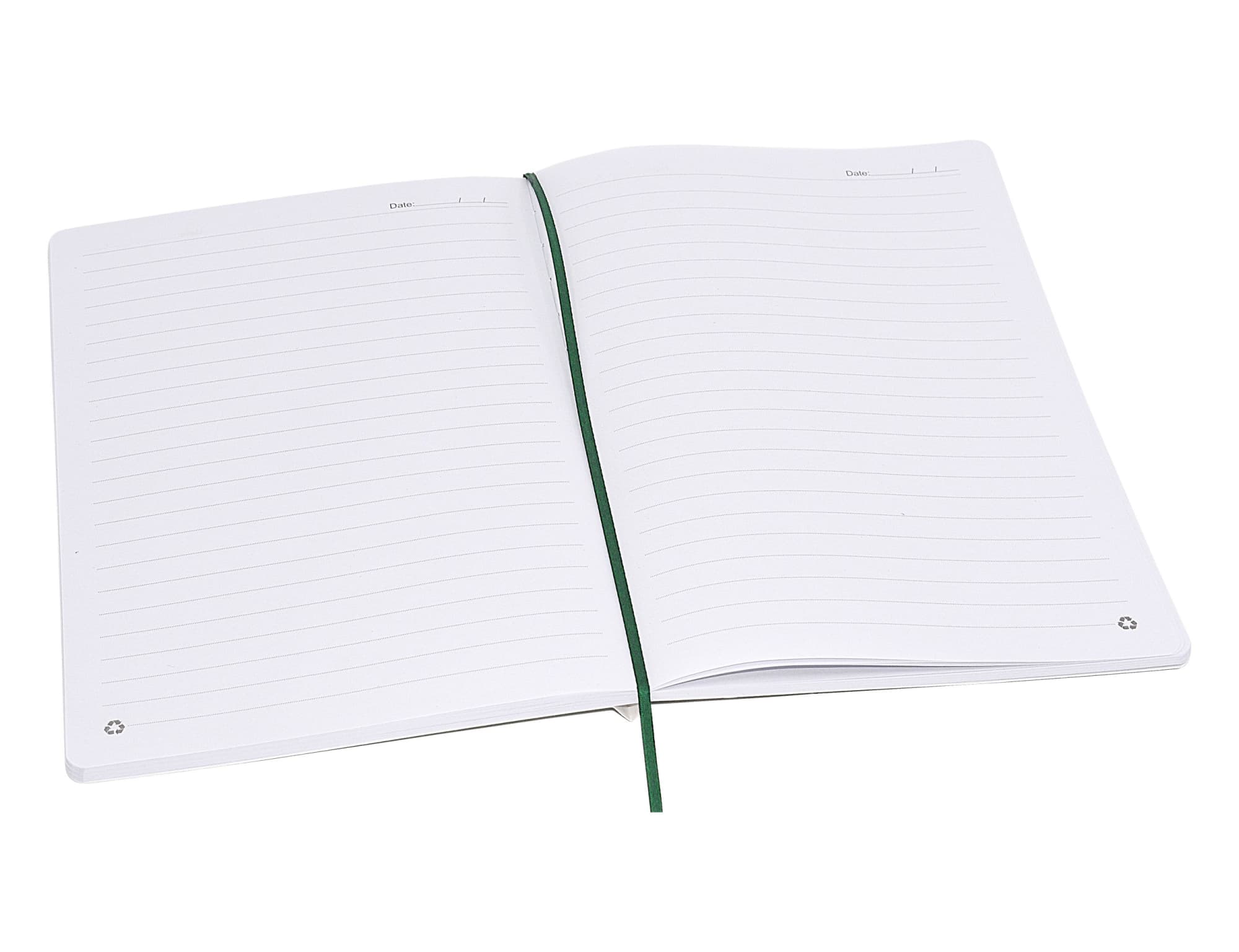 A blank A5 notebook with lined pages, featuring a green elastic closure. It has a simple design with no visible branding.