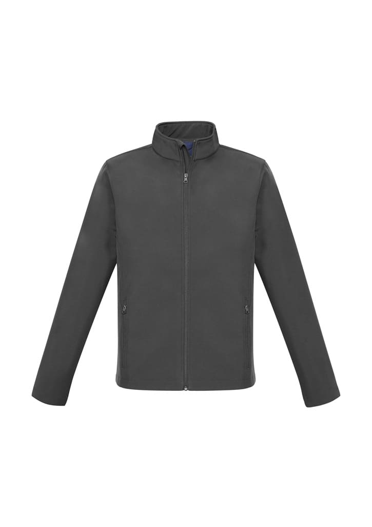 A grey jacket with a high collar and zip front, featuring side pockets and a logo.