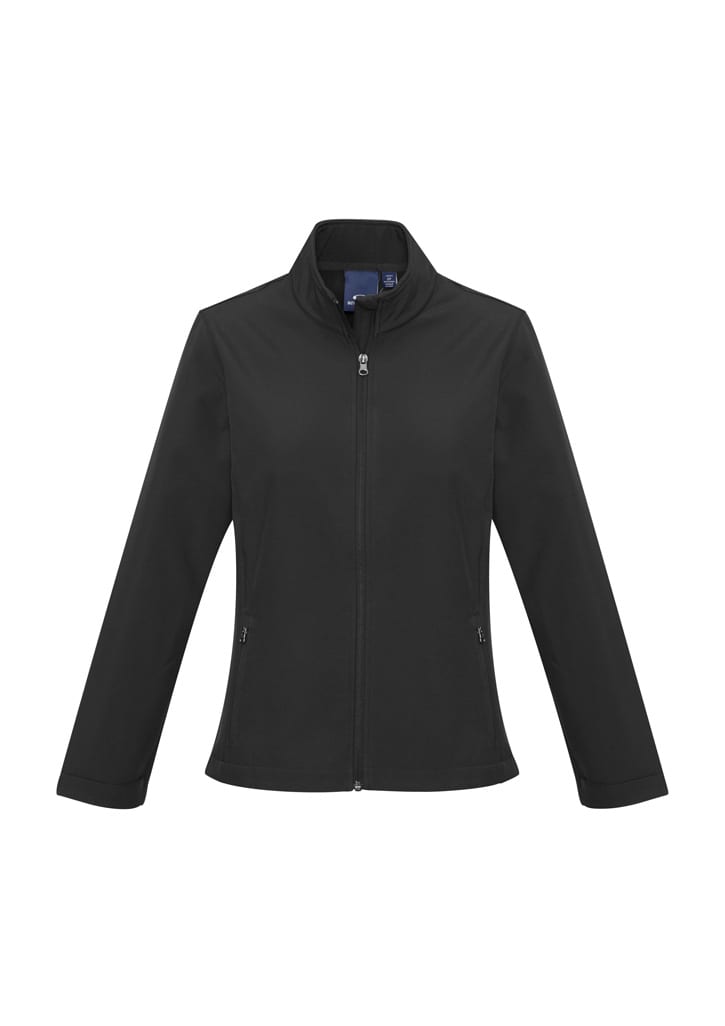 A black soft shell jacket featuring a high collar and zip front, with two side pockets and a branding logo.