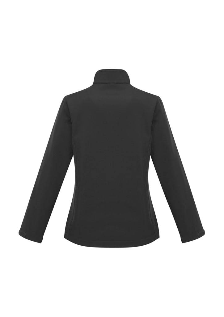 A black women's soft shell jacket featuring a high collar and long sleeves. It has a logo on the back.