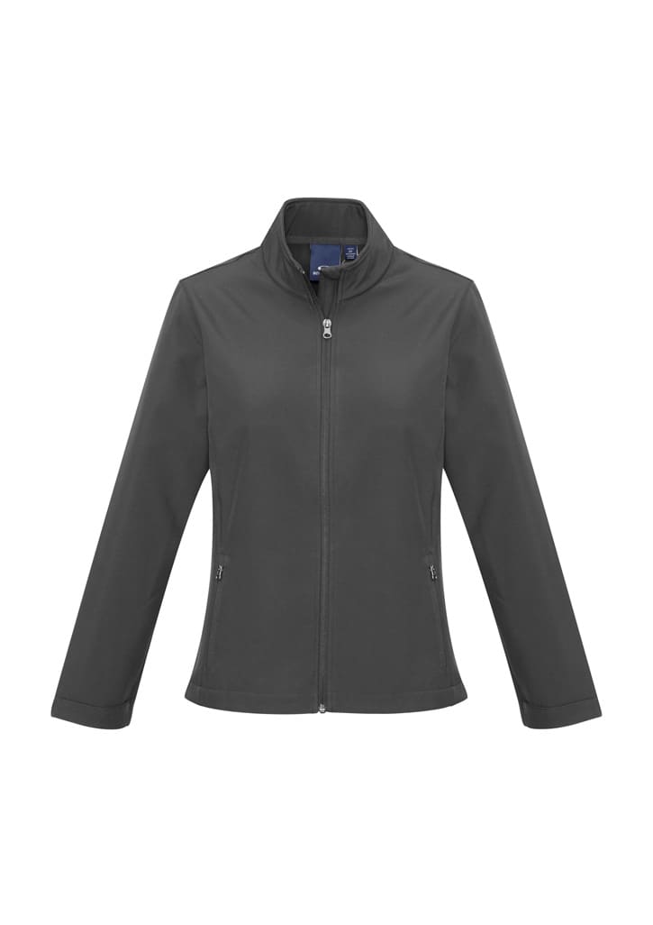 A soft shell women's jacket in a dark grey colour, featuring a collar and full zip, with side pockets and a logo.