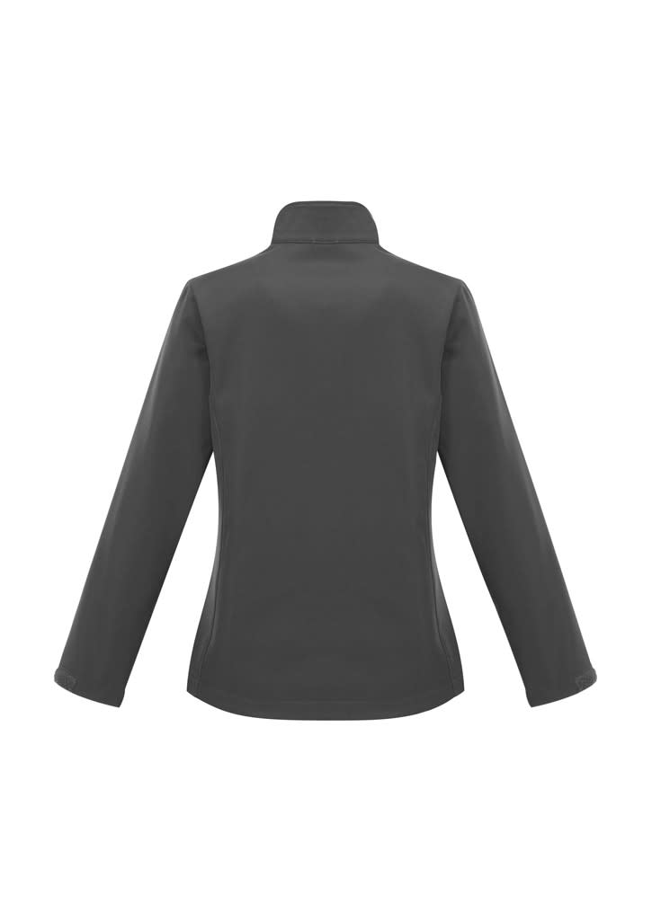 A soft shell jacket in dark grey, featuring a simple design and a collar. Includes a logo on the back.