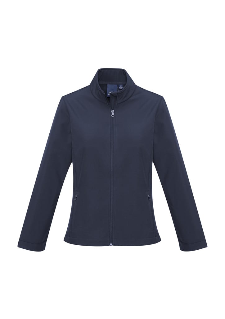 A dark navy soft shell jacket with a high collar and zipped front, featuring side pockets and a logo.