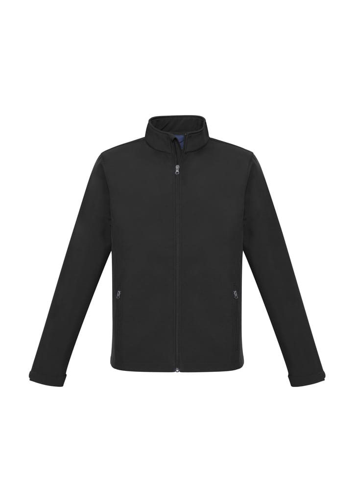 A black soft shell jacket with a zippered front, featuring a collar and long sleeves, with pockets.