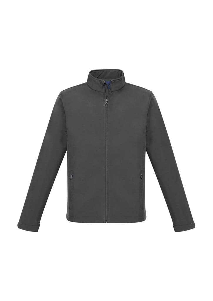 A soft shell jacket in grey with long sleeves and a high collar, featuring zippered pockets and a logo.