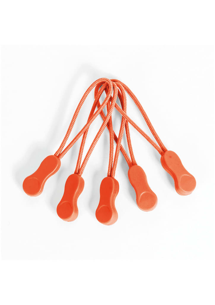 A set of five orange Zippies with attached elastic cords for securing clothing and other items.