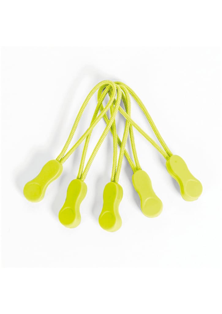 Five light green Zippies clothing accessories with flexible loops. Each features a rounded grip and a thin cord.