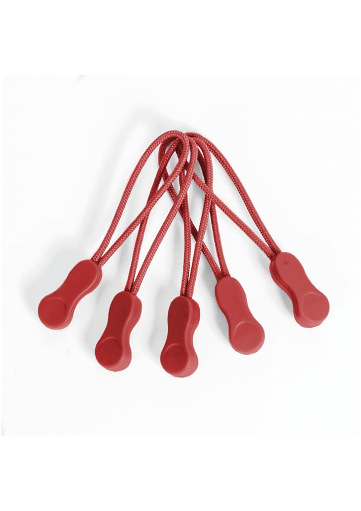 Red Zippies featuring flexible loops, designed for various clothing accessories, with a logo on one piece.