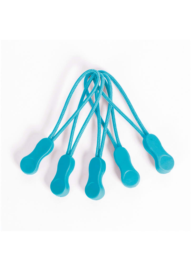 Five turquoise Zippies with flexible cords, designed as clothing accessories for securing or fastening items.