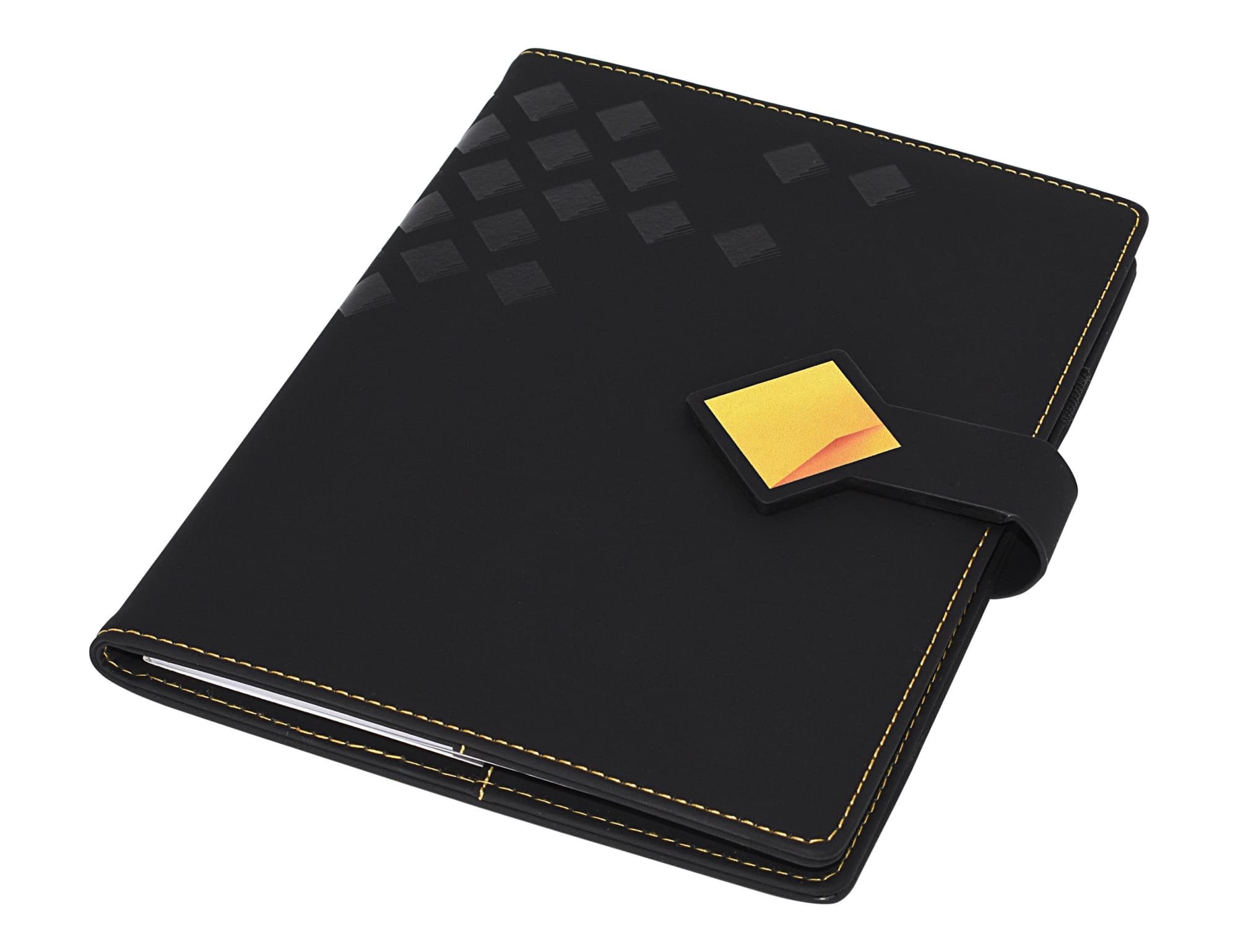 A black A5 portfolio with a geometric design and a yellow accent, featuring a clasp closure and stitching details.