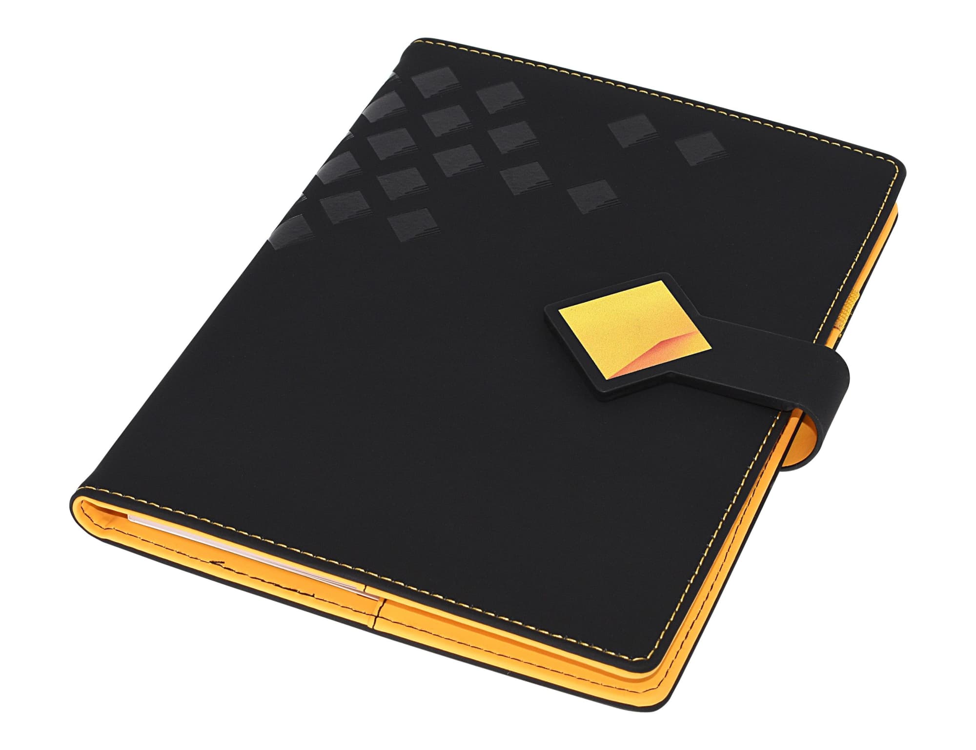 A black and yellow A5 portfolio with a diamond-shaped closure and a textured design on the cover.