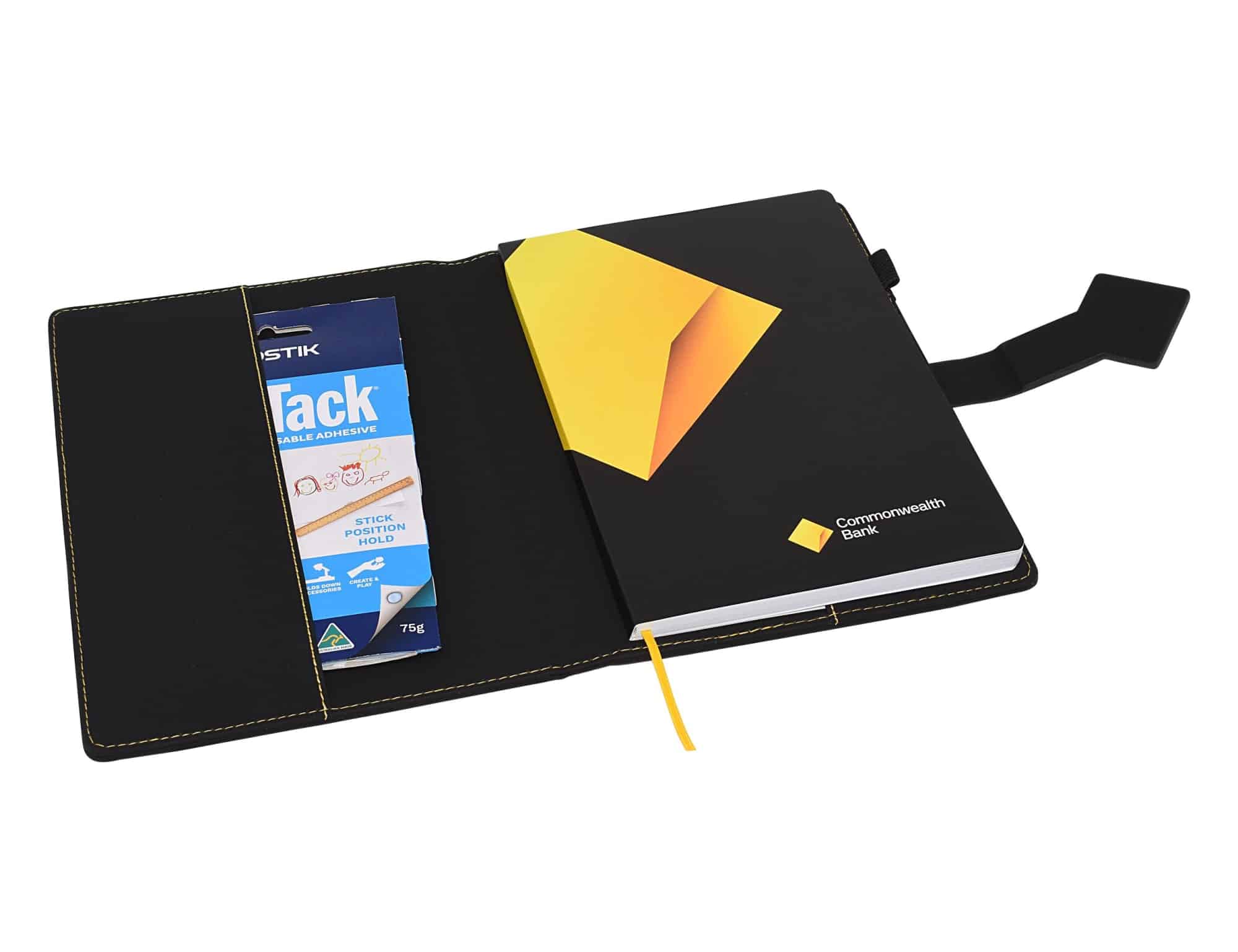 A black A5 portfolio featuring a yellow design, with an elastic band and a pocket for storing items.