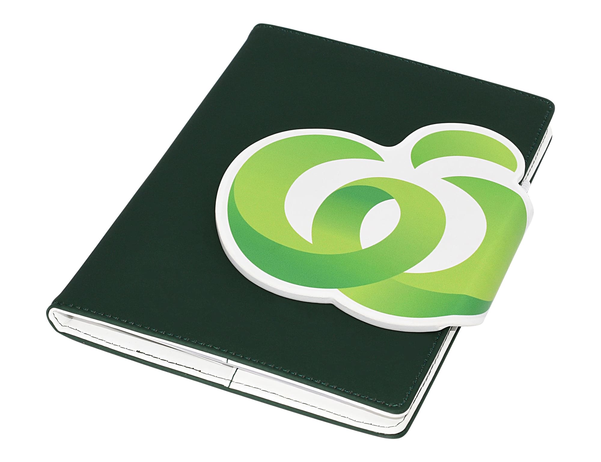 A green A5 portfolio with a curved logo design on the front. The portfolio features a sleek finish and a notepad inside.
