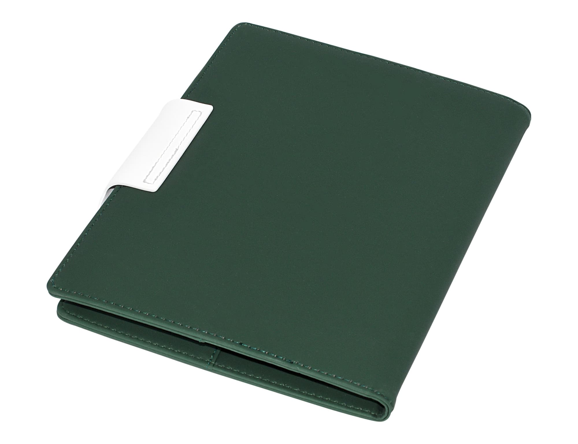 A green A5 portfolio with a white clasp, suitable for professional or business use.