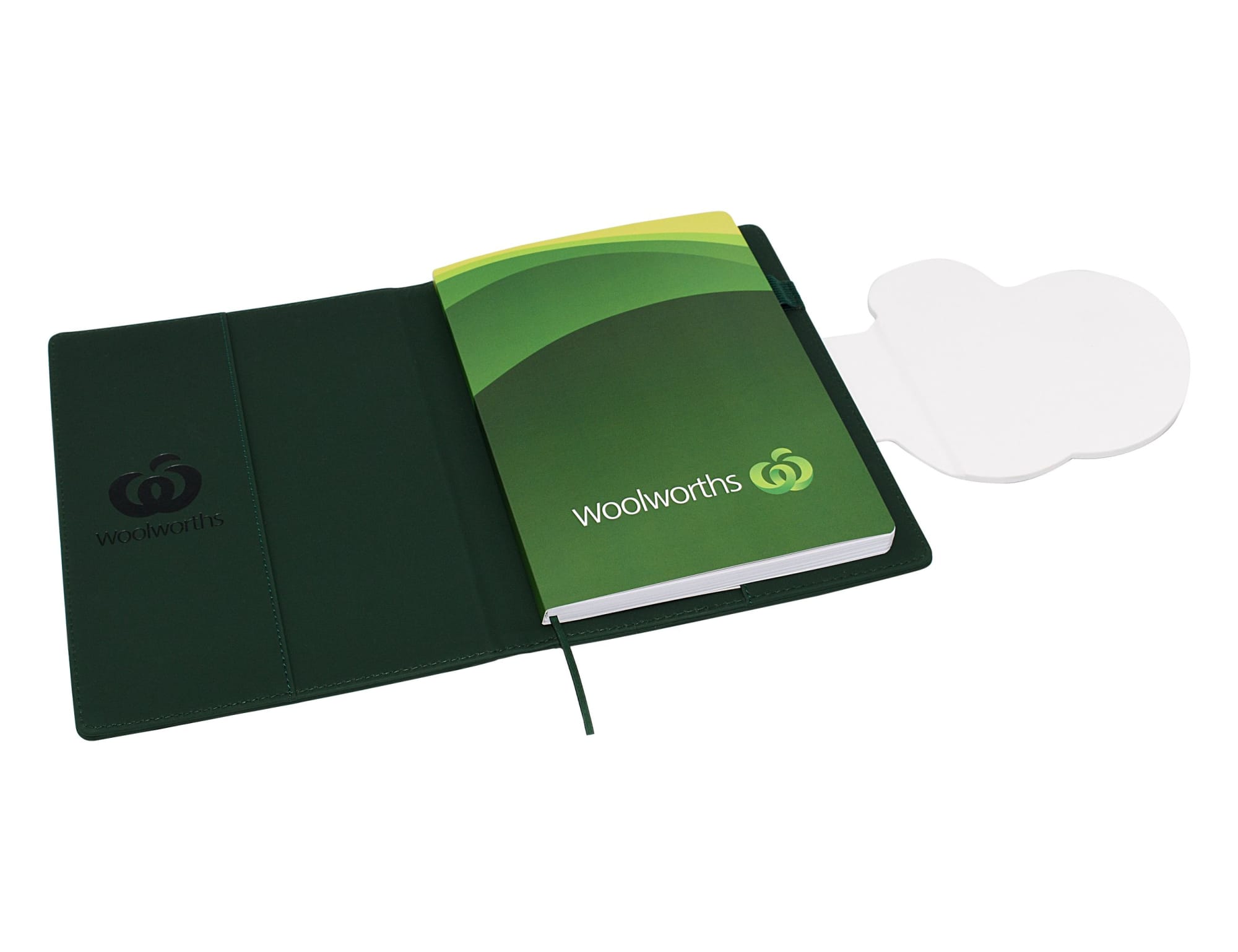A green A5 portfolio compendium with a notebook and a white sticky note pad inside, featuring a logo.