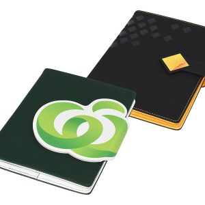 A green and black portfolio with a yellow clasp, featuring a logo and geometric design on the cover.