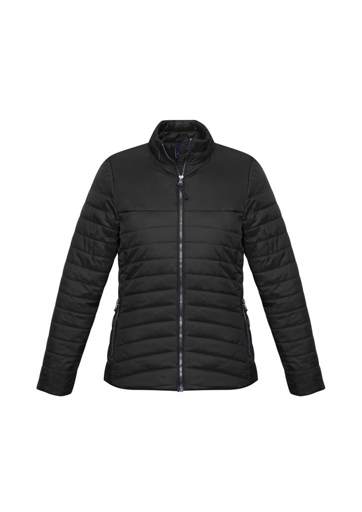 A black women's puffer jacket with a zip front and ribbed collar, featuring side pockets and a logo.