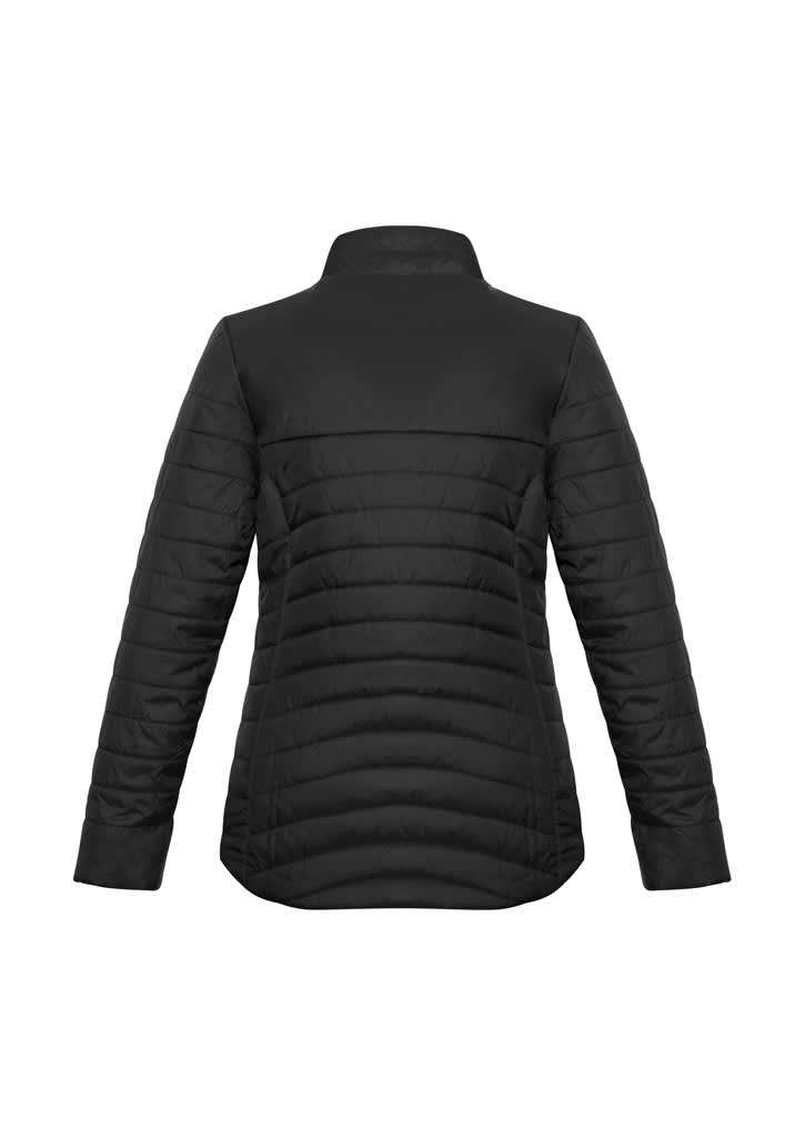 A black puffer jacket with a high collar and textured stitching, featuring a logo on the back.