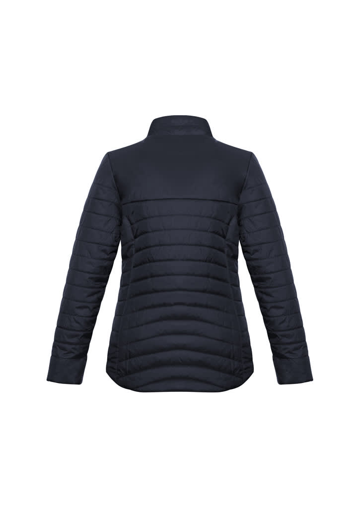 A women's puffer jacket in navy blue, featuring a high collar and a sleek, quilted design.