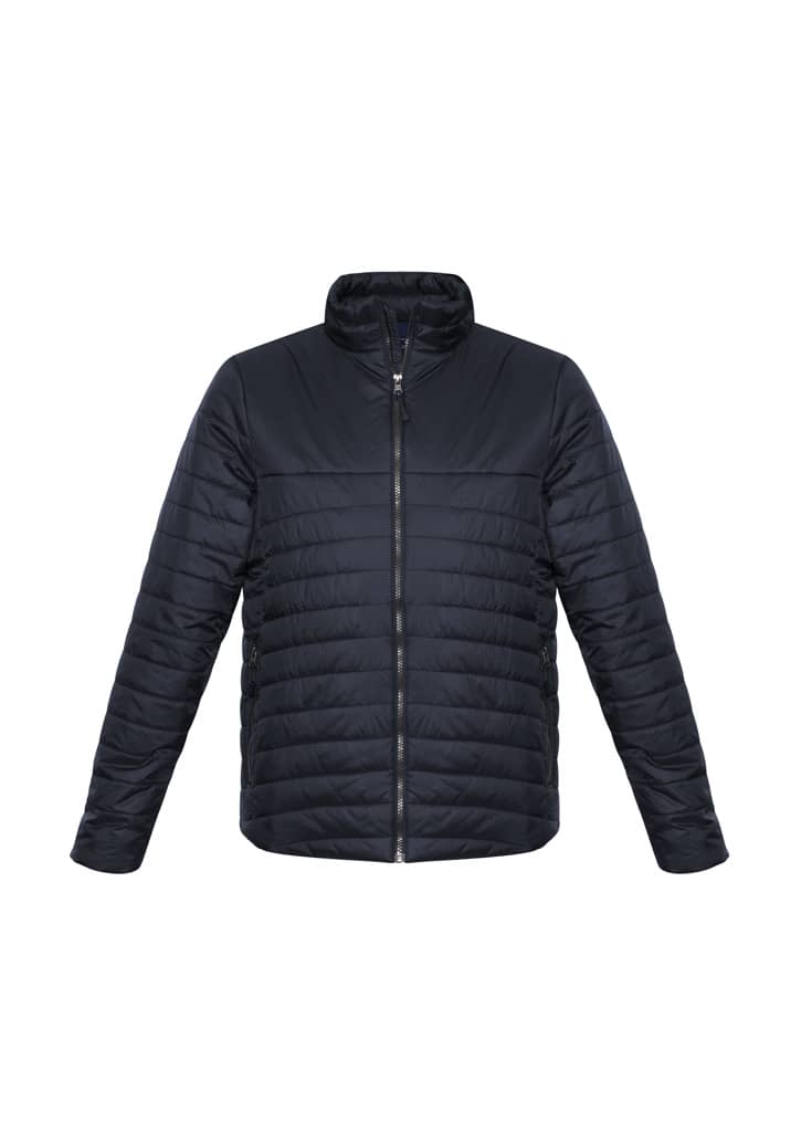 A men's puffer jacket in black with a zip front and a high collar. It has a branded logo on it.