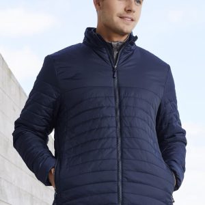 A men's puffer jacket in navy blue, featuring a zip front and standing collar, worn by a model outdoors.