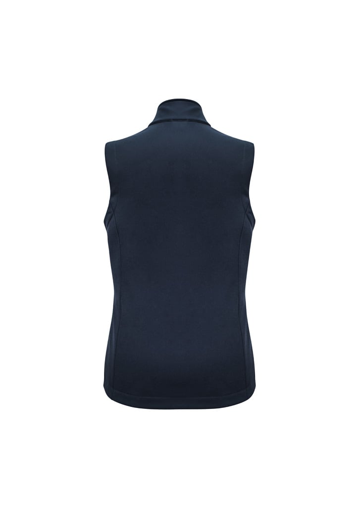 A navy women's vest featuring a high collar and no sleeves, with a logo on the back.