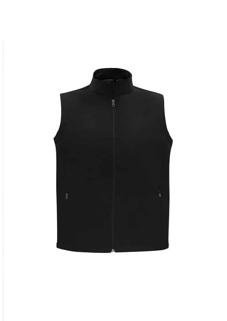 A black men's vest with a high collar and a full zip, featuring side pockets and a logo.