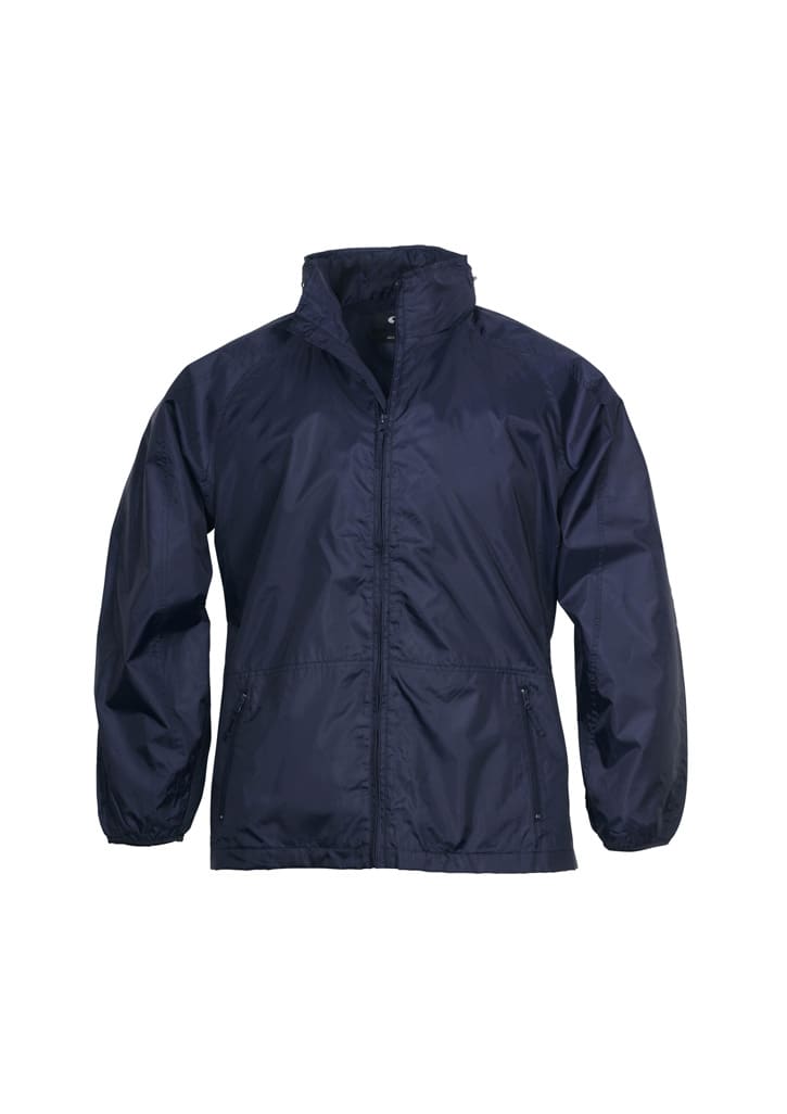 A navy unisex spinnaker jacket with long sleeves and a zip front, featuring a logo on the chest.