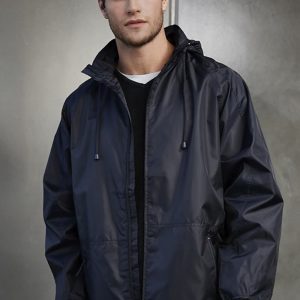A dark navy unisex rain jacket featuring a hood and adjustable drawstrings, with a logo present.