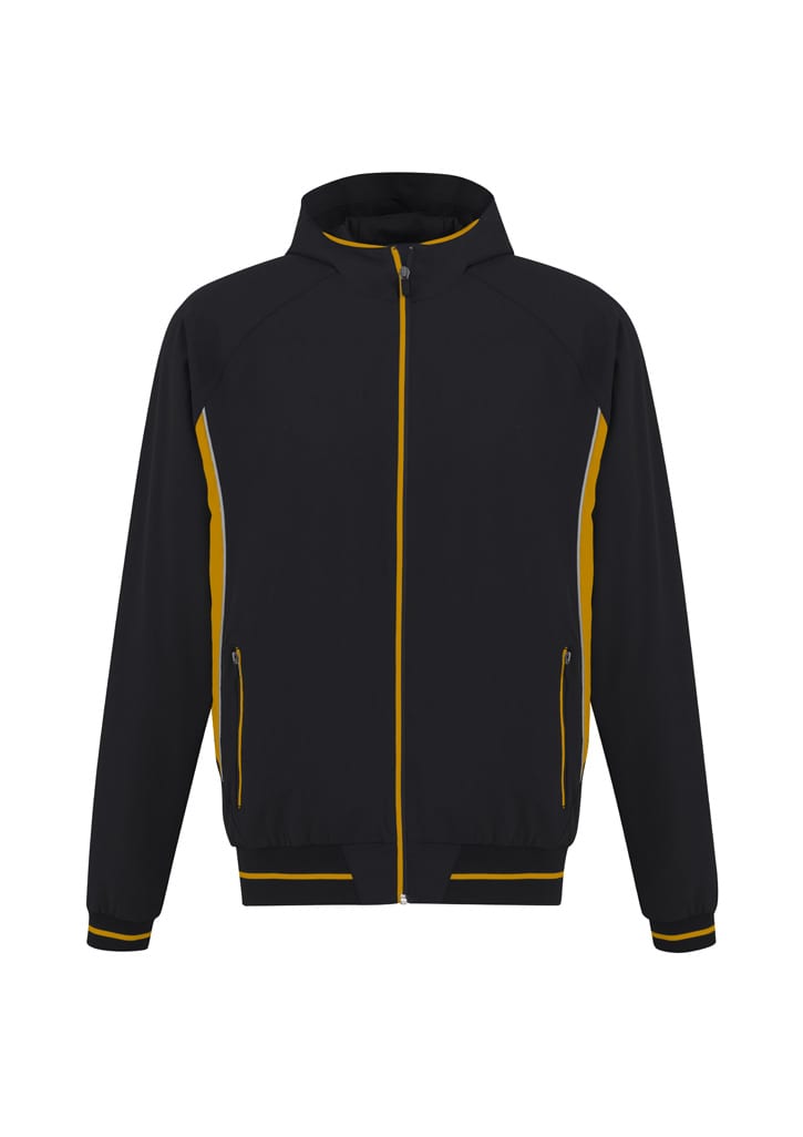 A black soft shell jacket with yellow accents, featuring a zip-up front and pockets. Includes a logo on the chest.