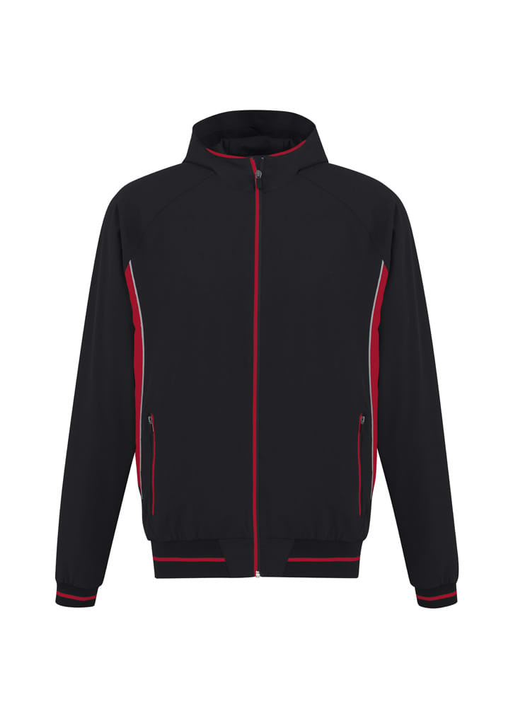 A black soft shell jacket with red accents, featuring a front zipper and side pockets. It has a logo on it.