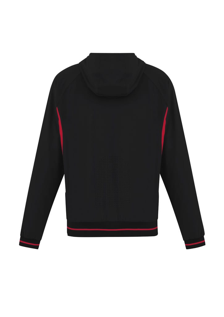 A soft shell jacket in black with red accents, featuring a hood and a logo on the upper back.