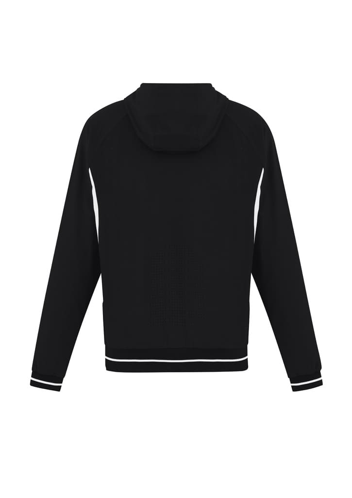 A black soft shell jacket with a hood, featuring white stripes along the sides and a branded logo.