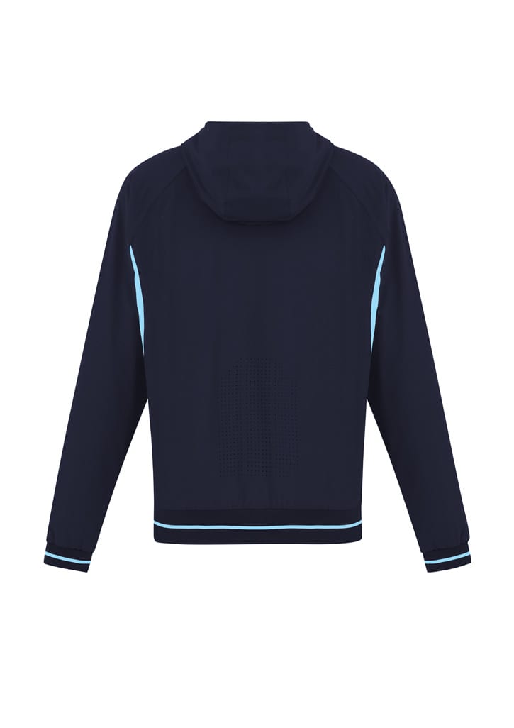A navy soft shell jacket with a hood and light blue accents, featuring a logo on the back.