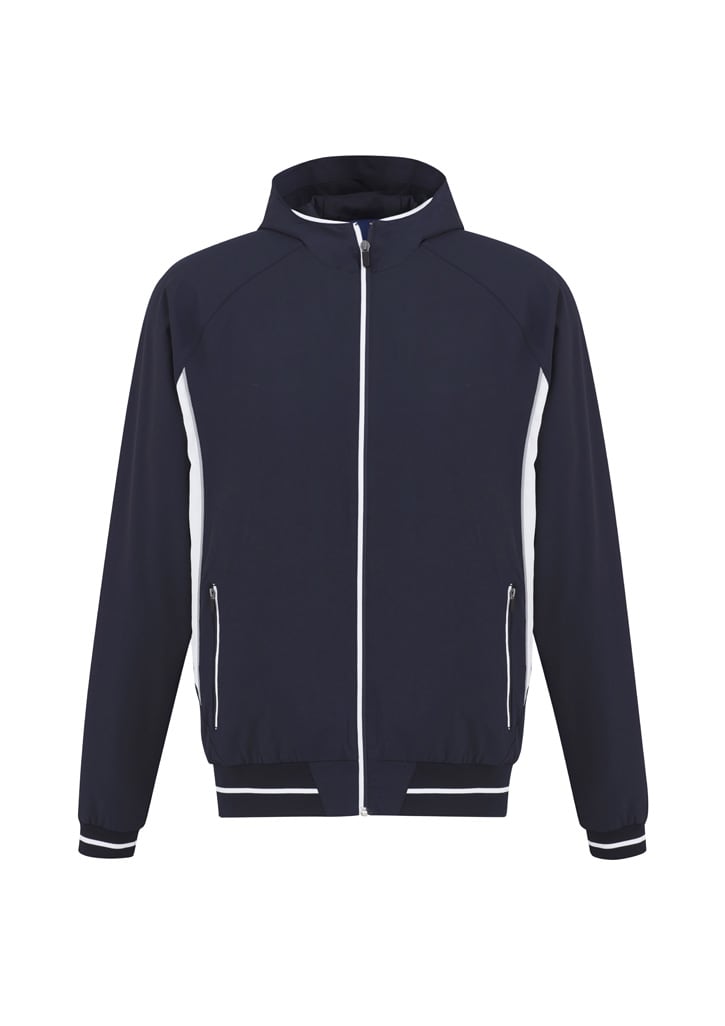 A navy blue soft shell jacket with white stripes and a zip front. It features a logo on the chest and side pockets.