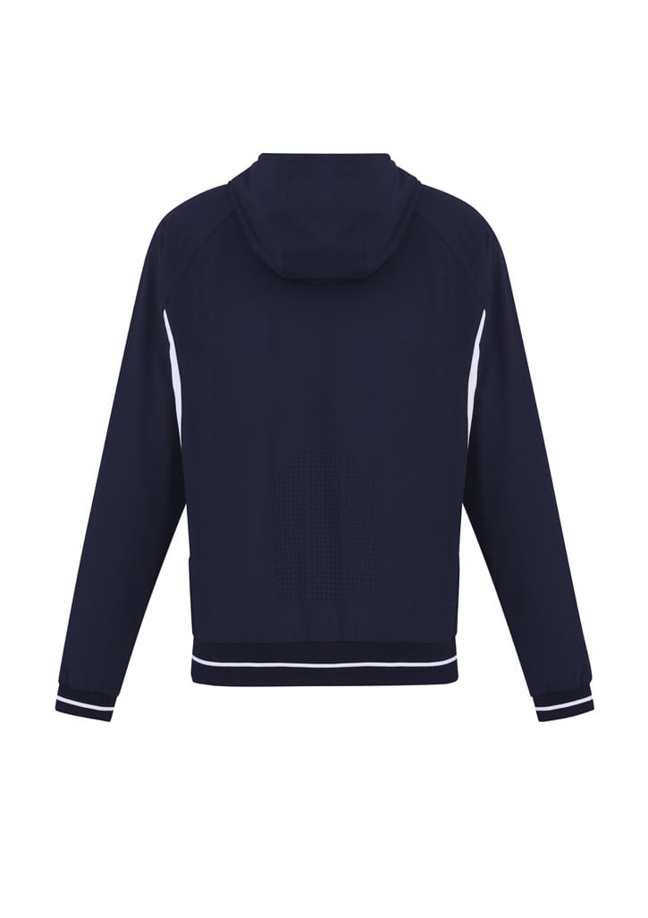 A navy soft shell jacket with a hood and white detailing, featuring a logo on the back side.