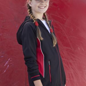 A black and red soft shell jacket worn by a young girl, featuring a hood and zippered pockets.
