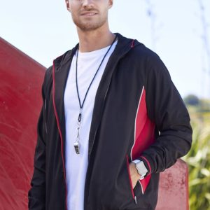 A soft shell jacket in black with red accents, featuring a hood and a logo.