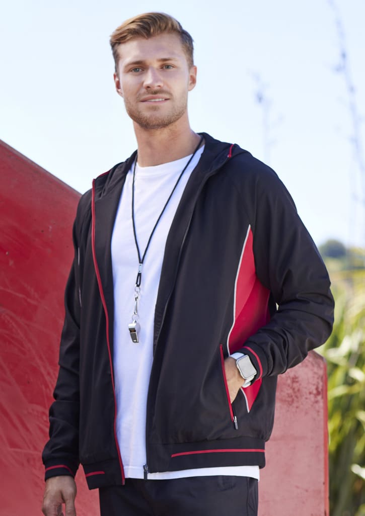 A soft shell jacket in black with red accents, featuring a hood and a logo.