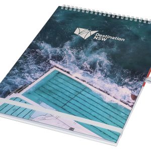 A top-bound A4 notebook featuring a water-themed design in shades of blue and white, with a logo on the cover.