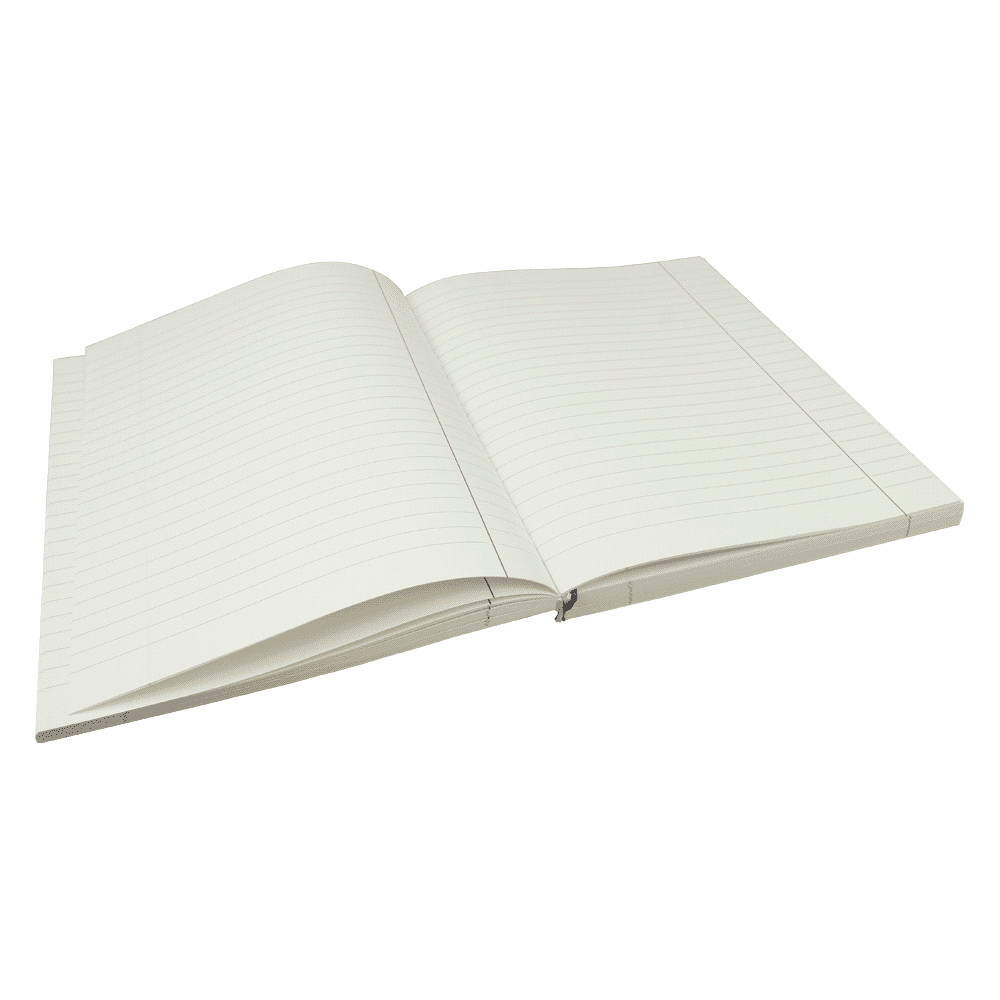 An open cream-coloured notebook with lined pages, featuring a visible spine and a plain cover.