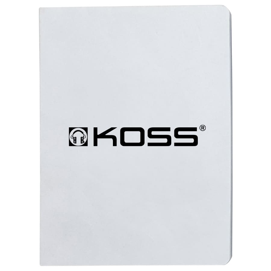 A grey notebook with blank pages, featuring a branded logo on the cover.