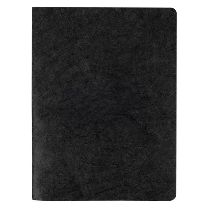 A black notebook with a textured cover and blank pages, featuring a logo on the front.