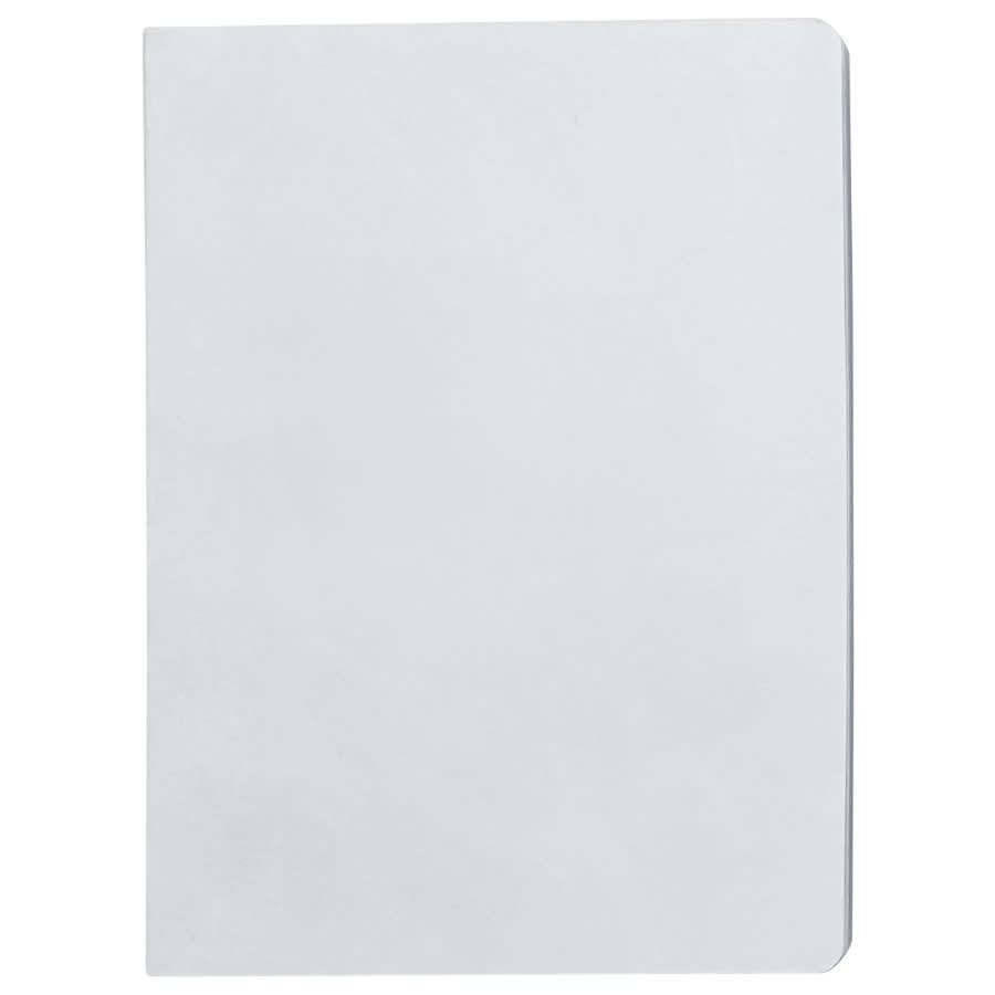 A plain, white notebook with blank pages and rounded corners. It features a logo on the cover.
